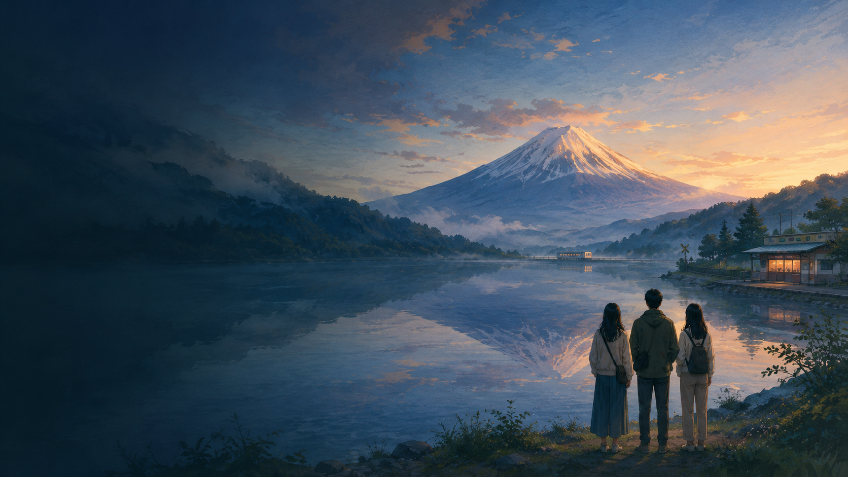 原创手绘风格的富士山、湖泊、列车与三位旅行者